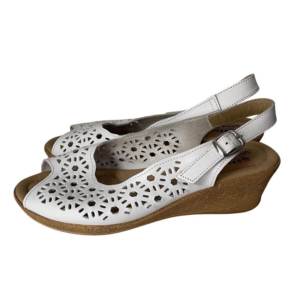 Spring Step Footsie White Leather Floral Cutout Slingback Wedge Sandals Size 9